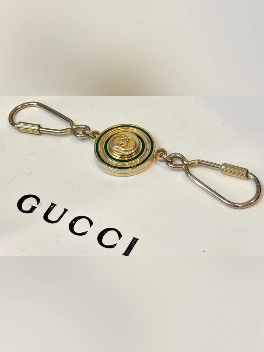 Vtg. GUCCI Horse-bit Green & Gold Round Enamel Keychain